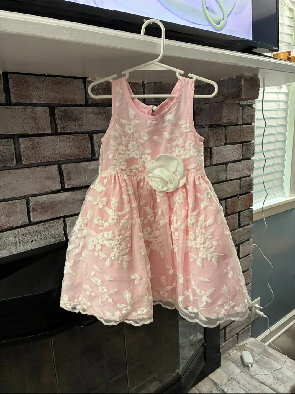 Girls Pink Floral Embroidered Sleeveless Party Dress with Flower Accent